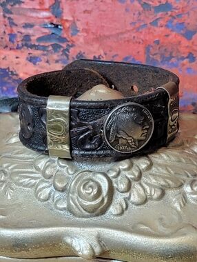 Vintage Tooled Leather Cuff Bracelet with Indian Head Coin Artisian